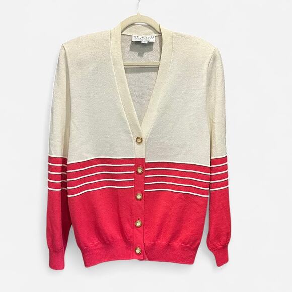 Vintage ST. JOHN Sportswear Santana Knit Cardigan L Cream Pink Gold Buttons USA - Picture 10 of 10